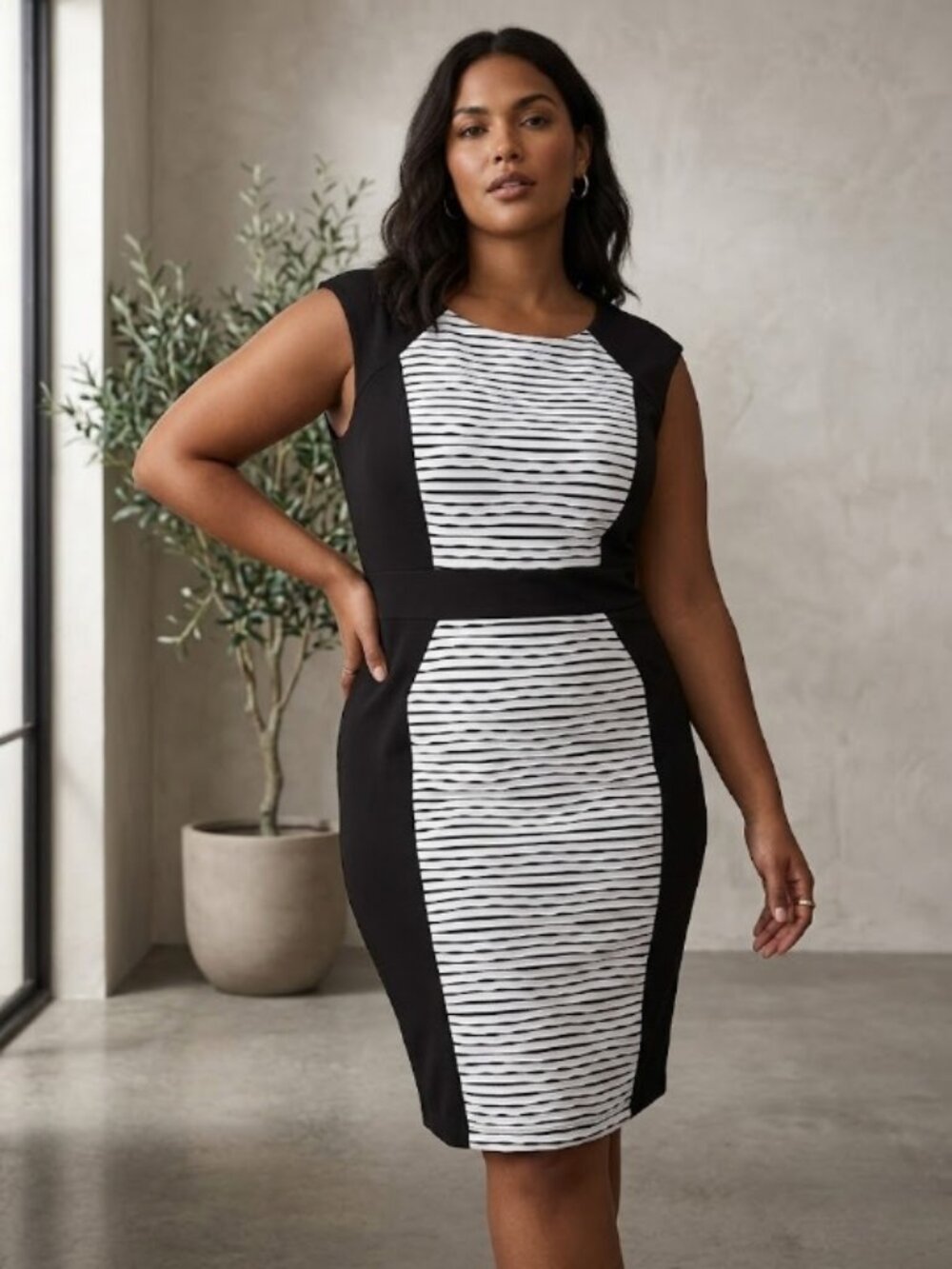 NWT Lane Bryant Black & White Striped Midi Stretch Sheath Dress 16